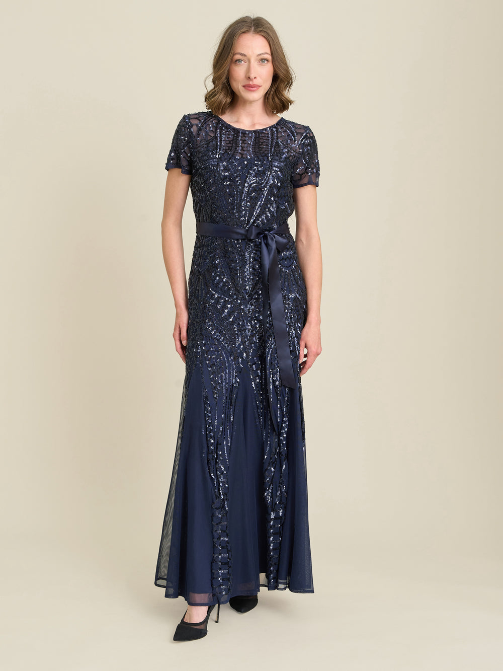 Monique Embroidered Sequin Godet Maxi Dress