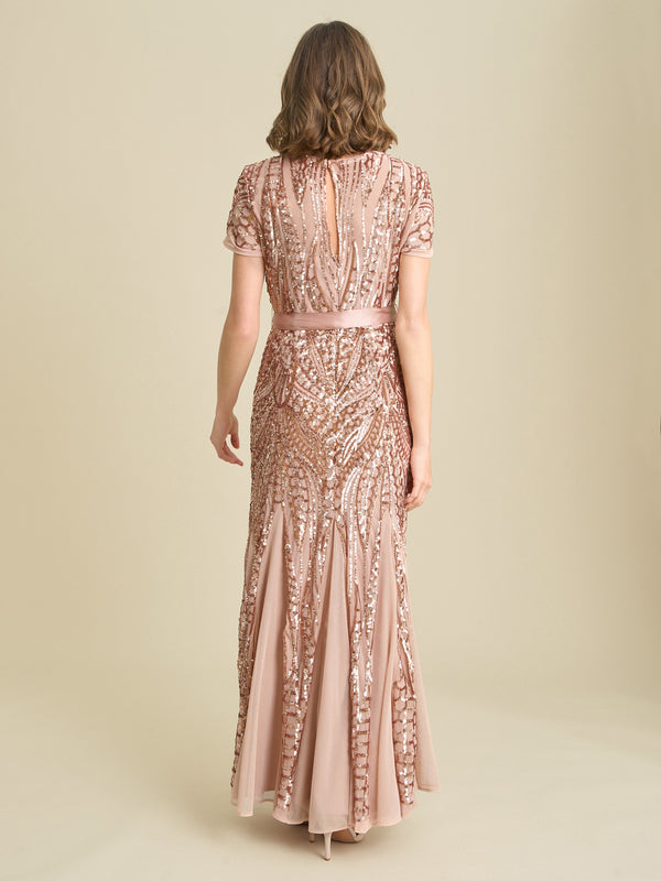 Monique Embroidered Sequin Godet Maxi Dress