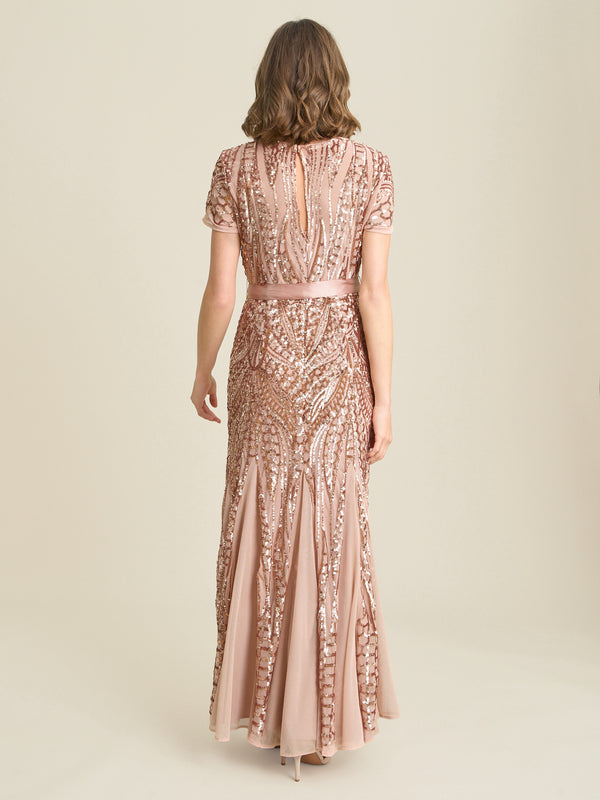 Monique Embroidered Sequin Godet Maxi Dress