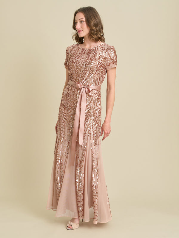 Monique Embroidered Sequin Godet Maxi Dress