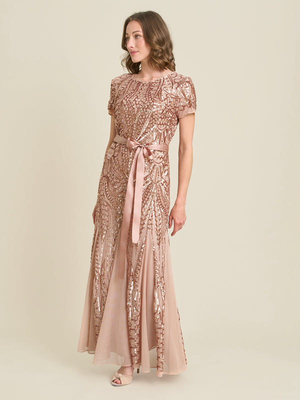 Monique Embroidered Sequin Godet Maxi Dress