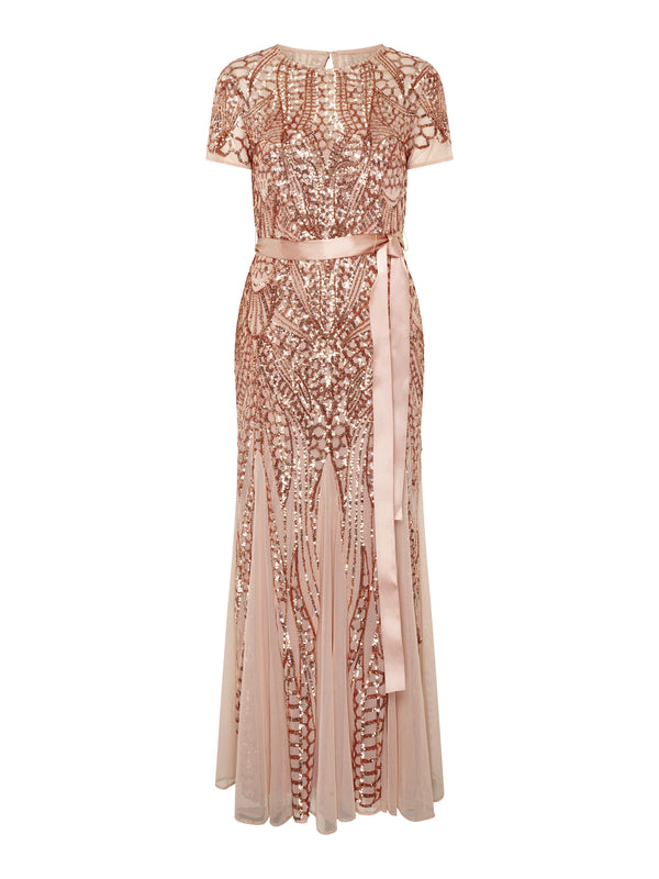Monique Embroidered Sequin Godet Maxi Dress