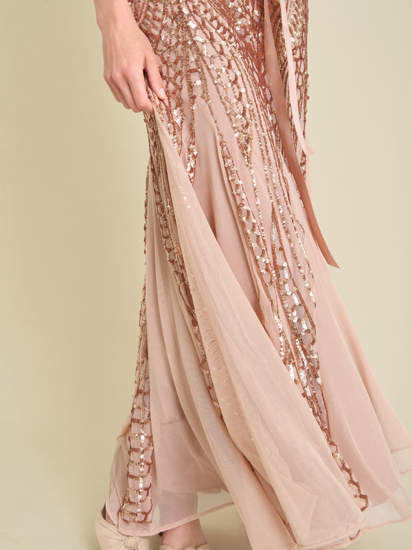 Monique Embroidered Sequin Godet Maxi Dress
