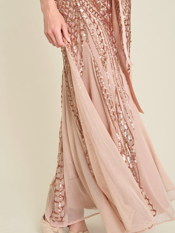Monique Embroidered Sequin Godet Maxi Dress