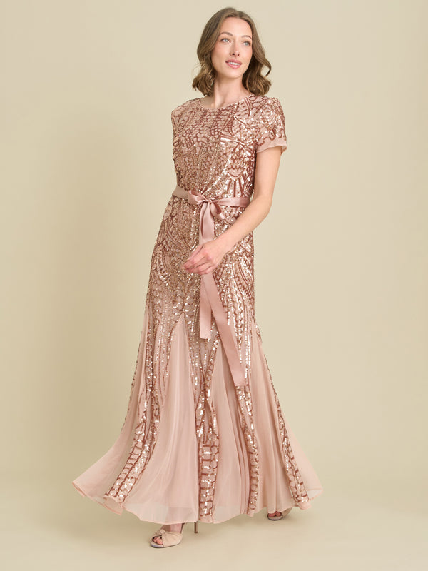 Monique Embroidered Sequin Godet Maxi Dress