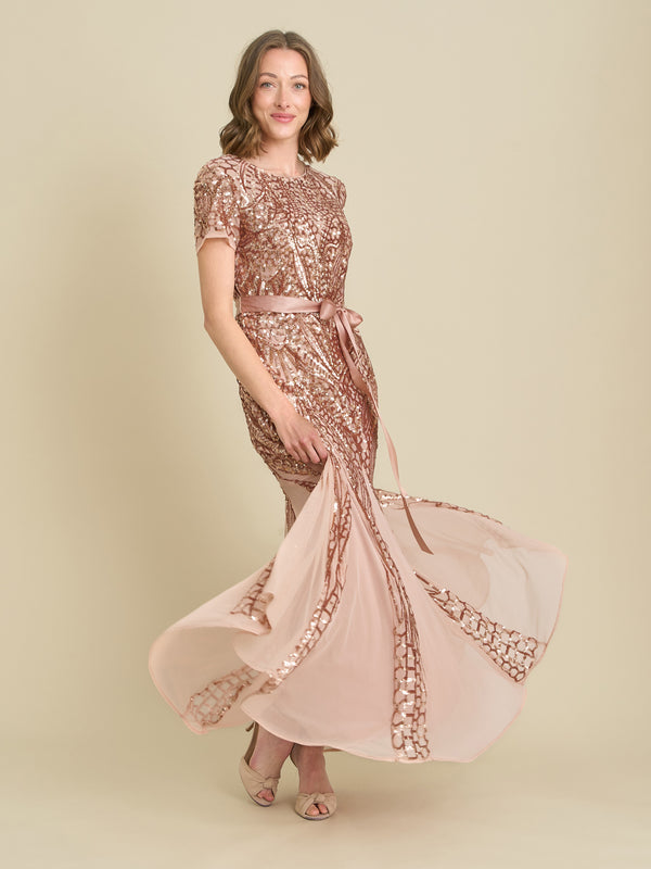 Monique Embroidered Sequin Godet Maxi Dress