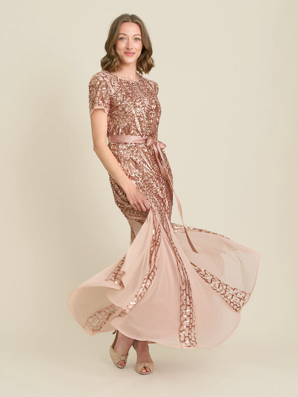 Monique Embroidered Sequin Godet Maxi Dress