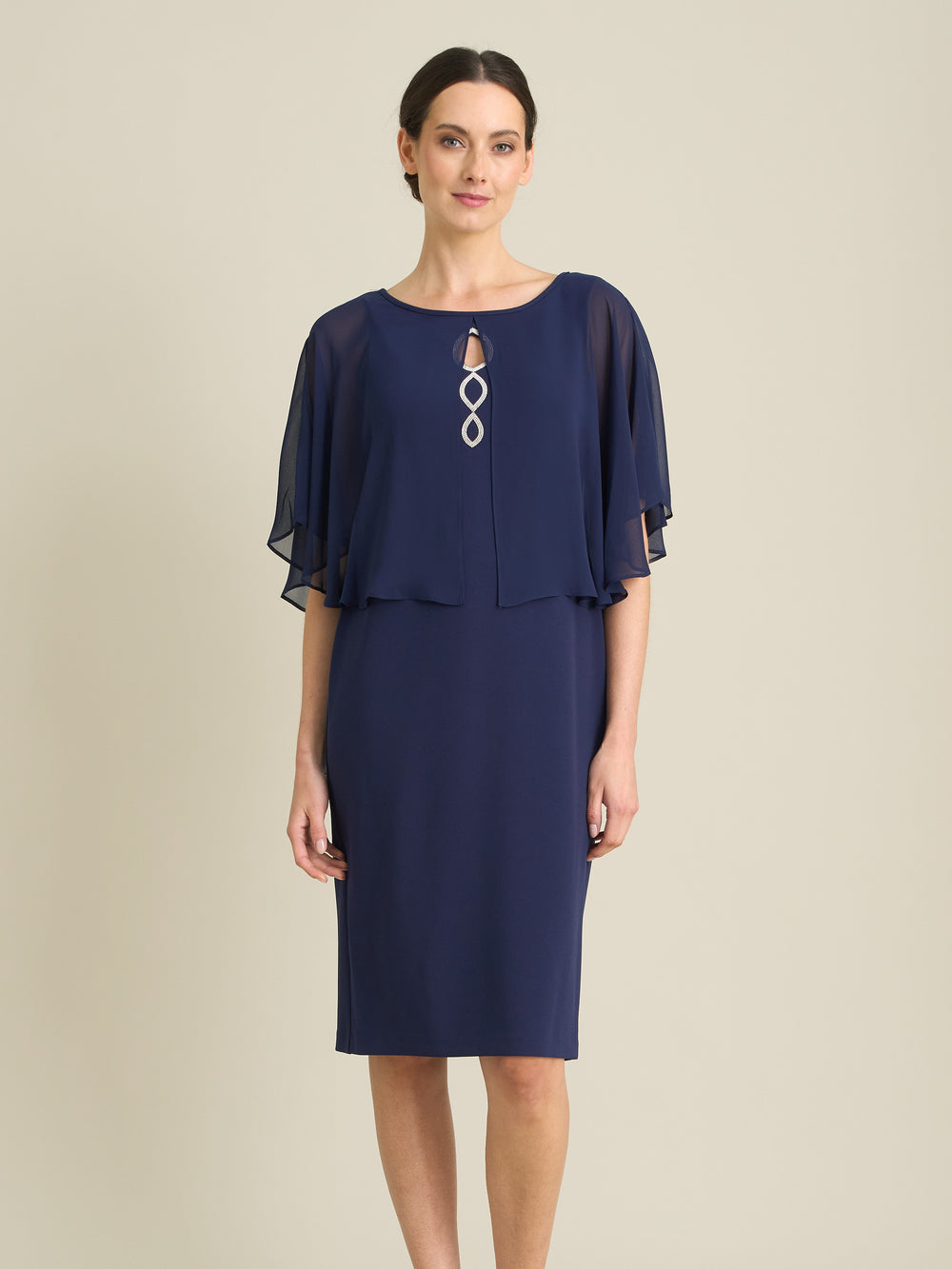 Diamante Trim Chiffon Cape Dress