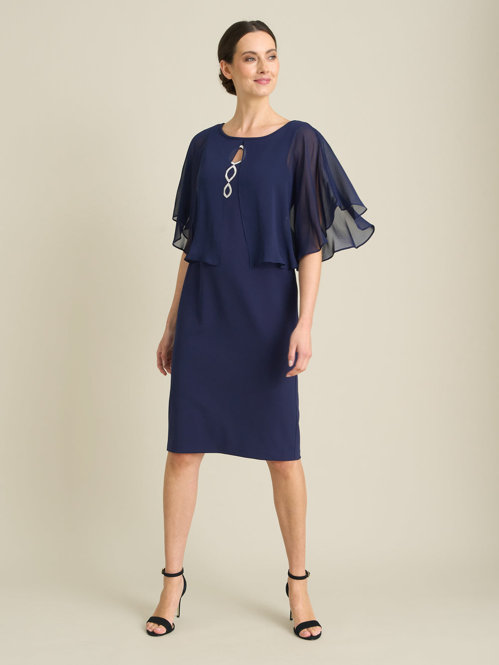 Diamante Trim Chiffon Cape Dress