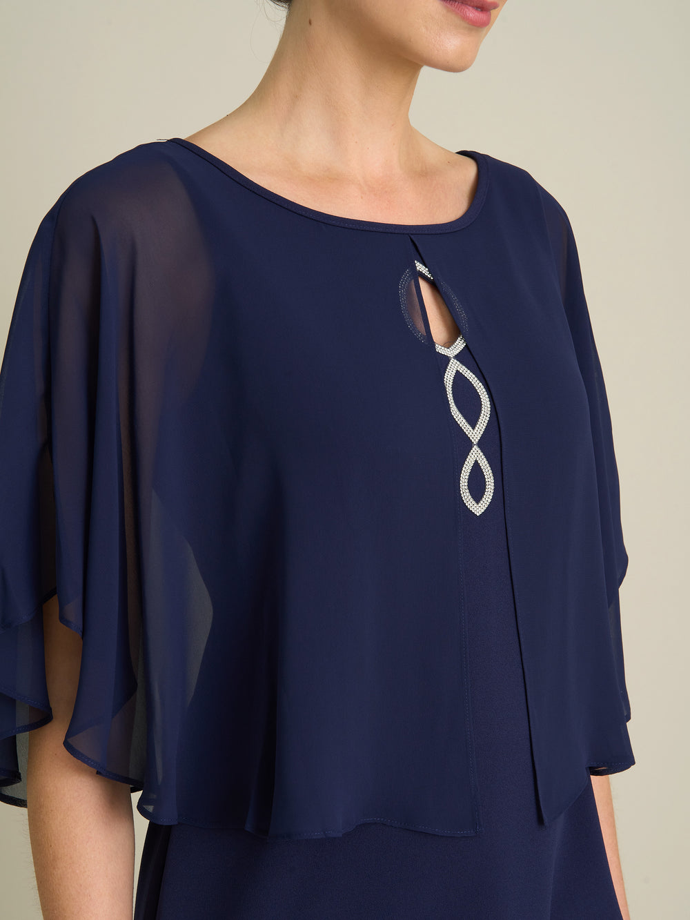 Diamante Trim Chiffon Cape Dress