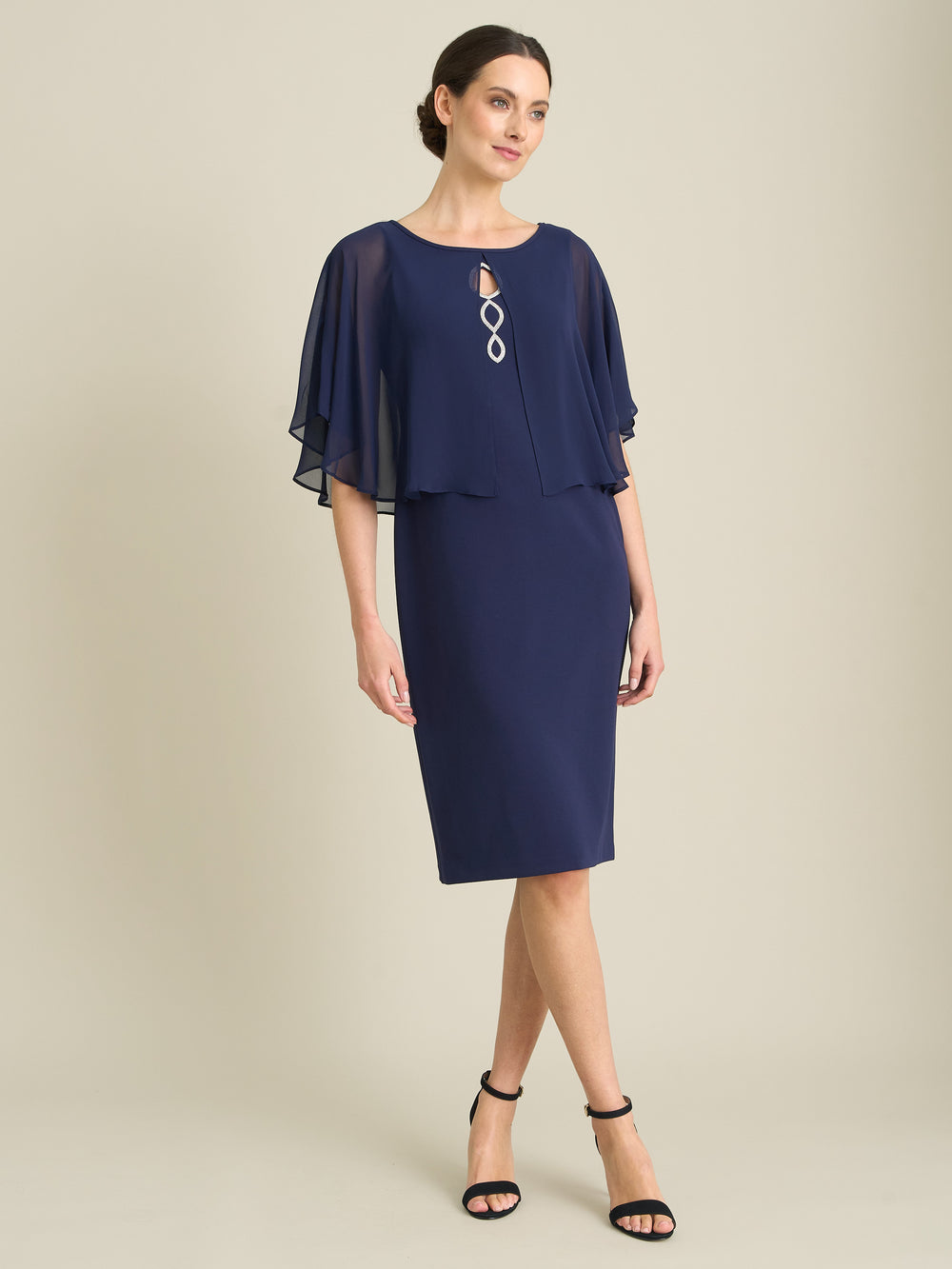 Diamante Trim Chiffon Cape Dress