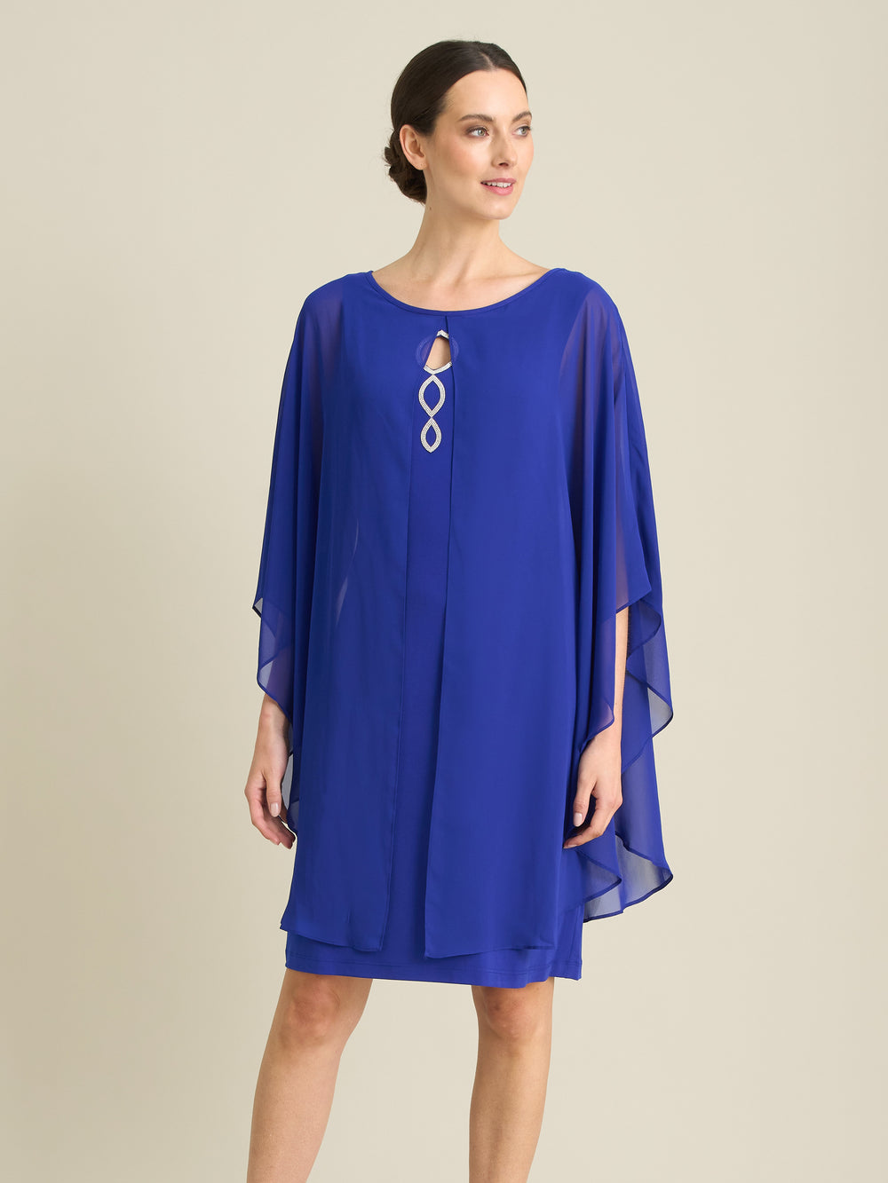 Diamante Trim Chiffon Cape Dress