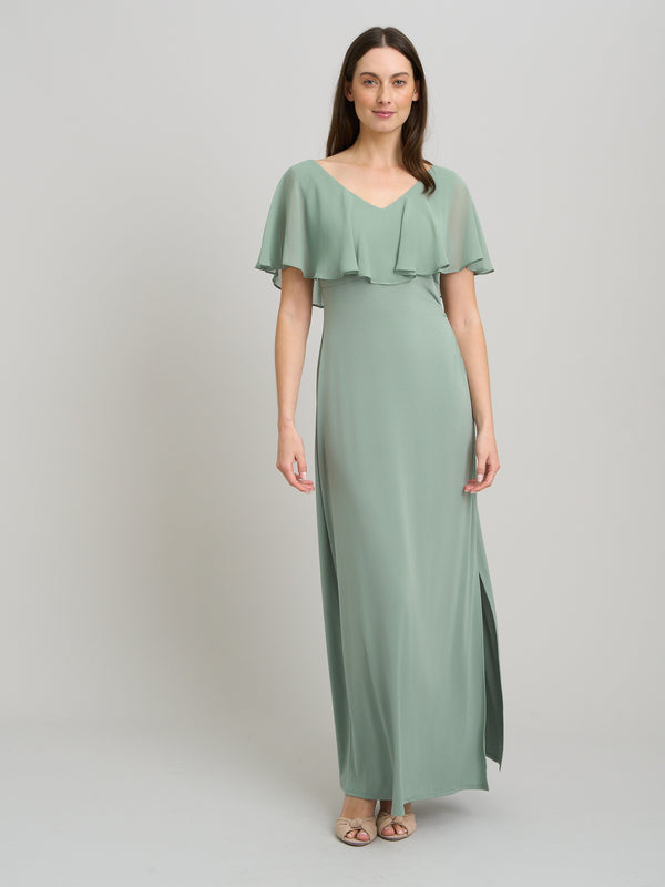 Peaches V Neck Chiffon Frill Maxi Dress