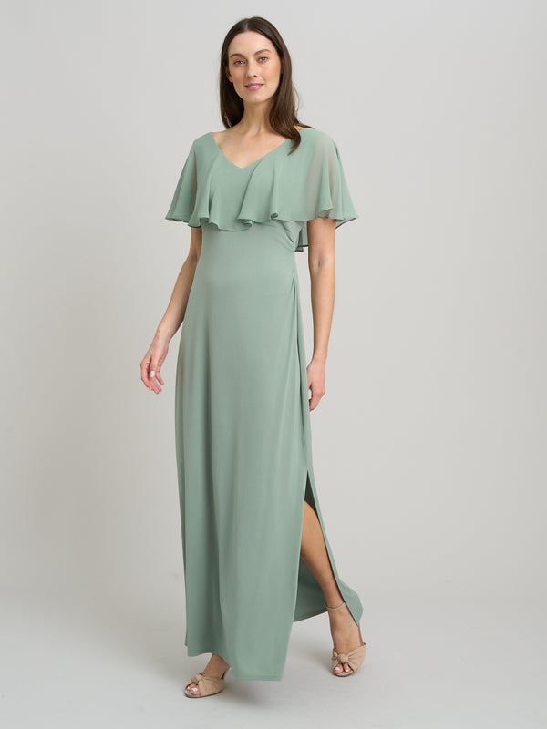 Peaches V Neck Chiffon Frill Maxi Dress