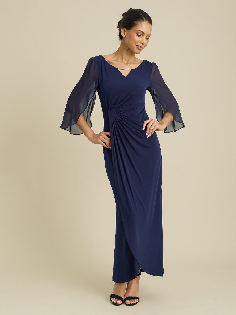 Raquel Diamante Trim Maxi Dress With Chiffon Sleeves