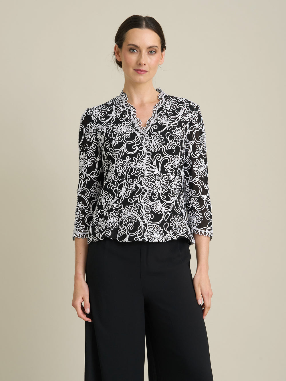 Lia Embroidered Blouse With Scallop Detail