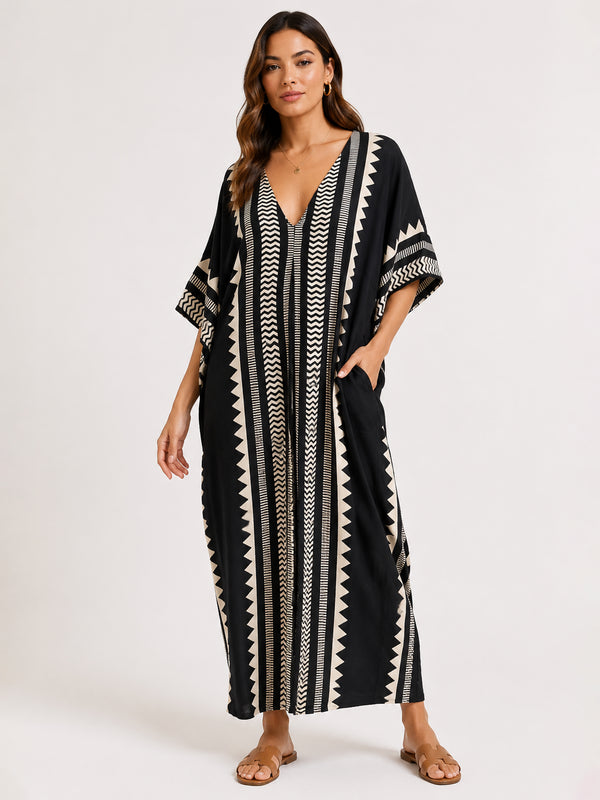 Black & Cream Printed Kaftan Maxi Dress