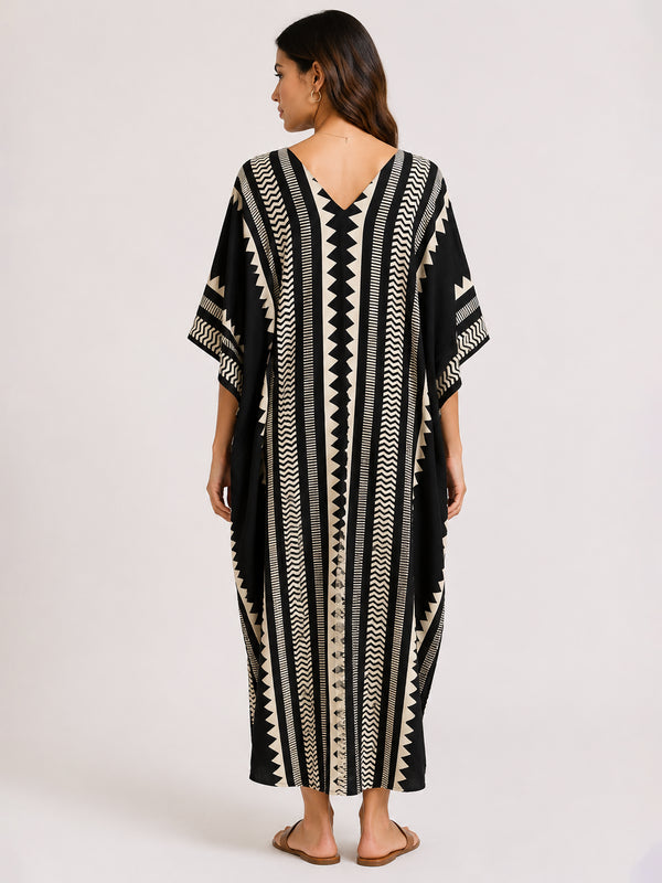 Black & Cream Printed Kaftan Maxi Dress