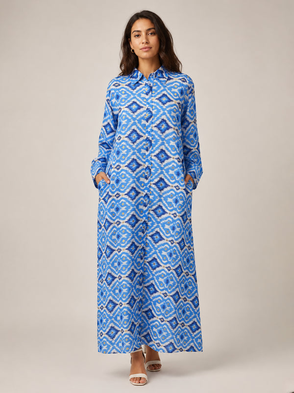 Blue Diamond Print Shirt Dress