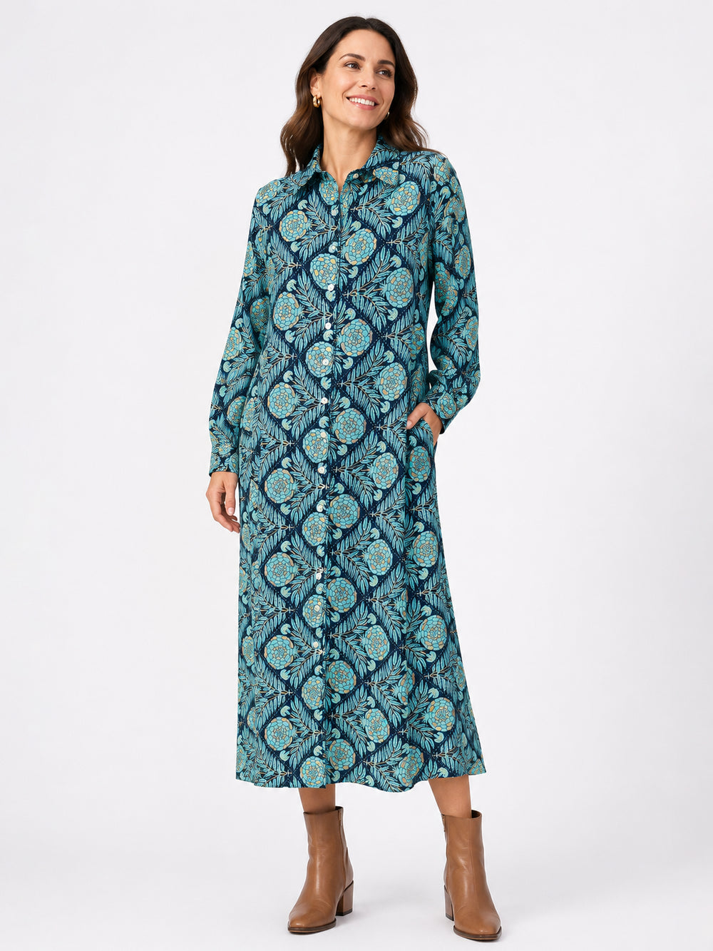 Teal & Gold Print Midi Shirt Dress