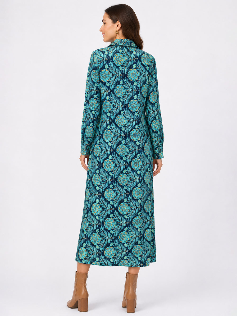 Teal & Gold Print Midi Shirt Dress