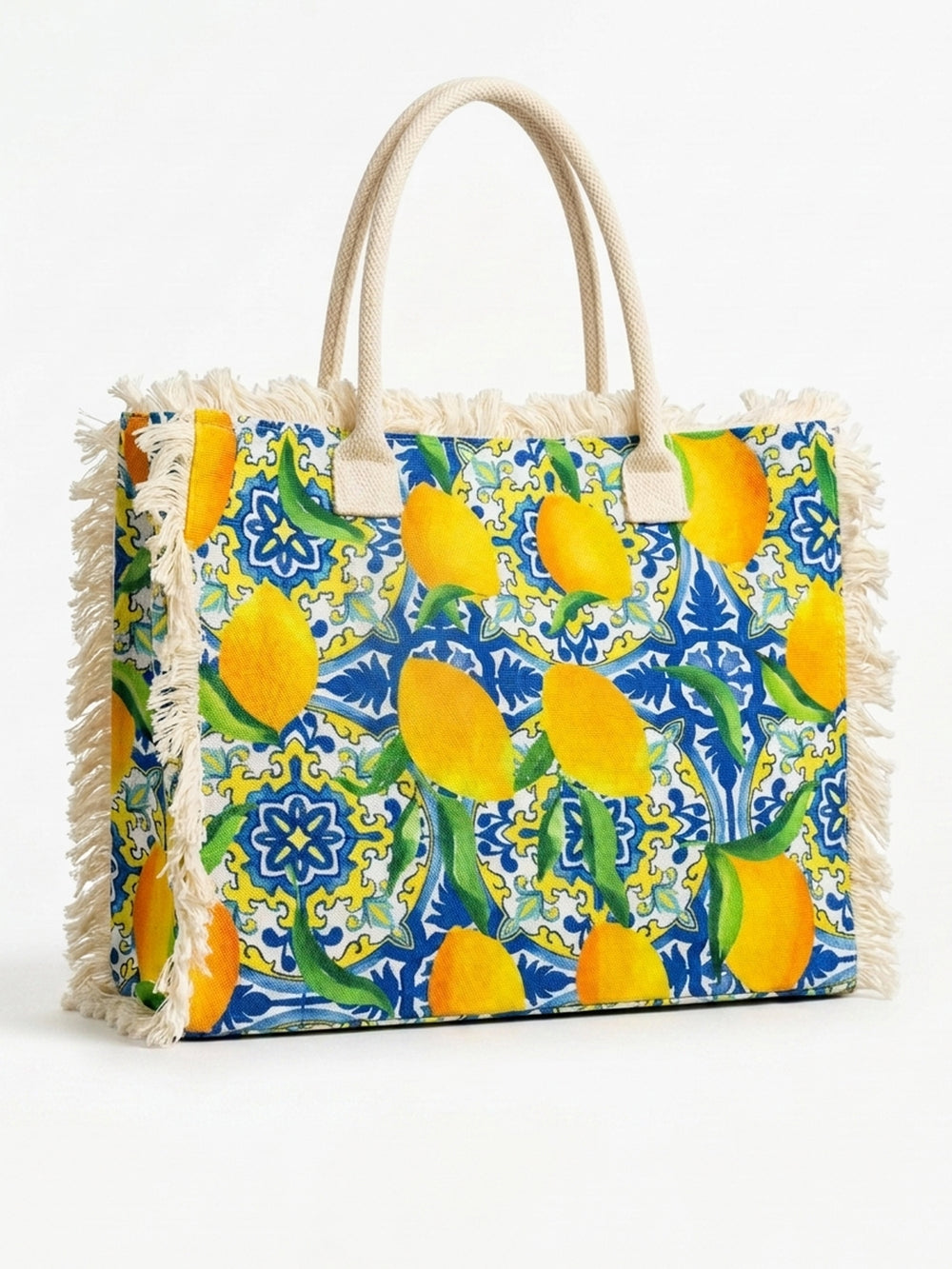 Lemon Print Fringe Tote Bag