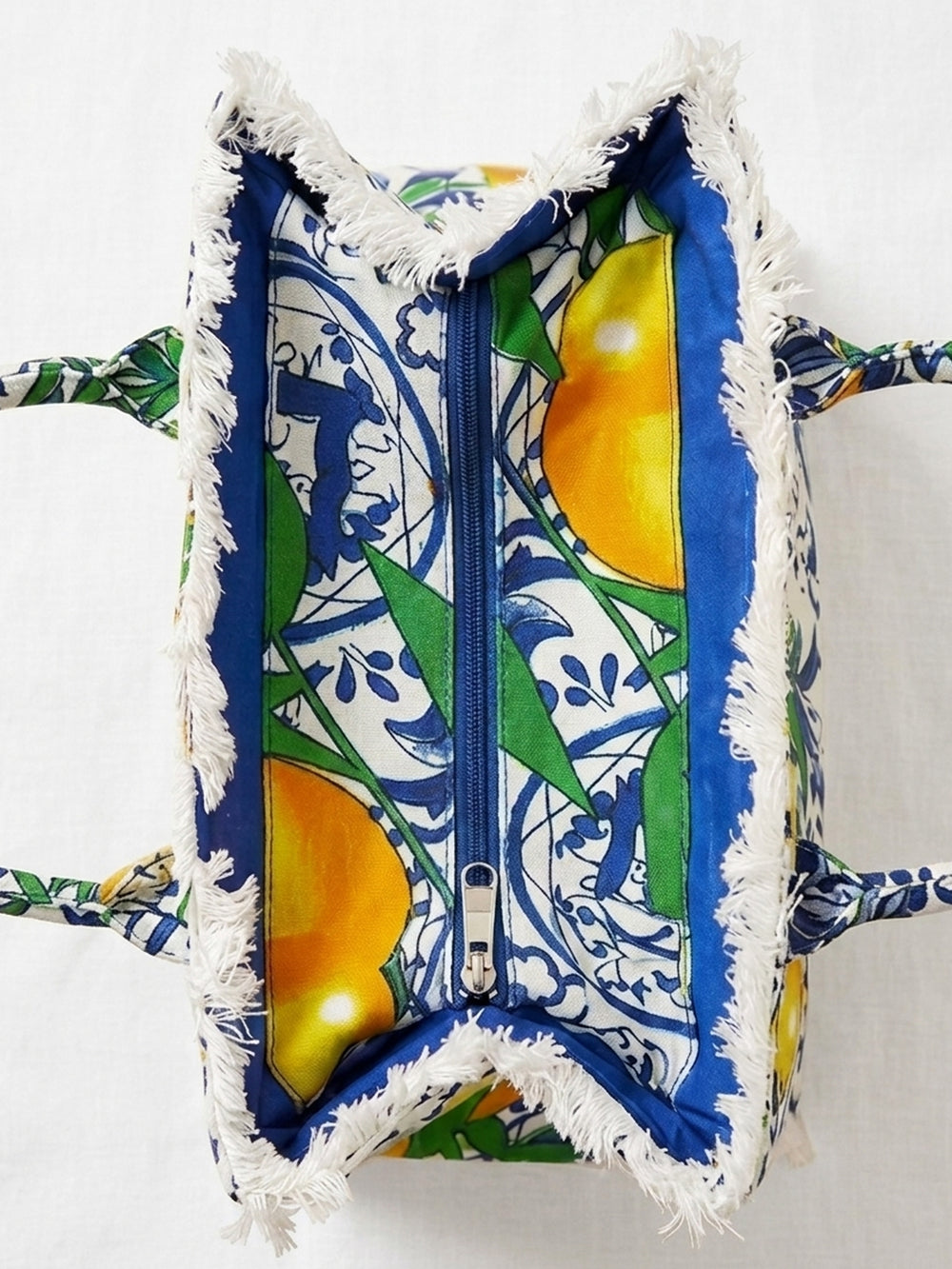 Blue & White Lemon Print Fringe Tote