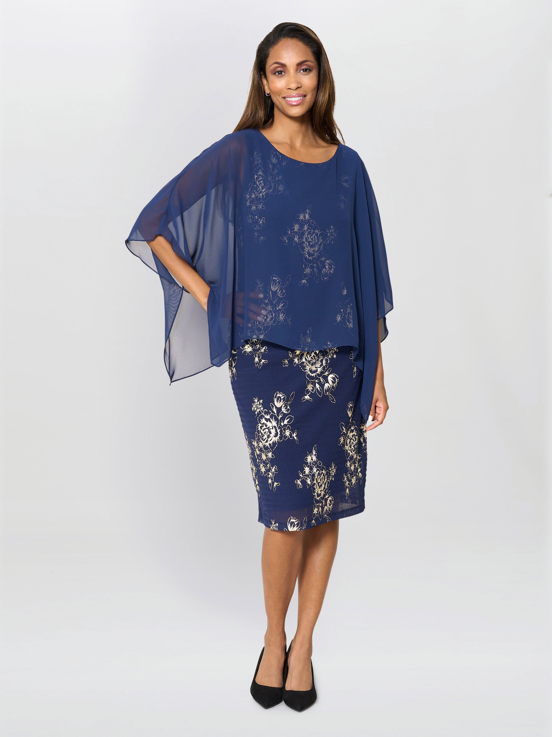 Anne Foil Dress With Chiffon Cape – Gina Bacconi