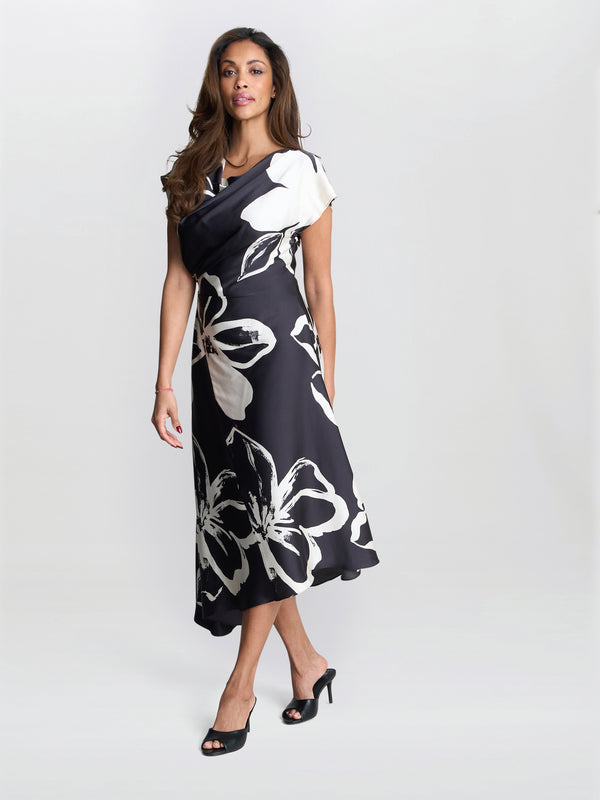 Maude Floral Print Asymmetrical Midi Dress