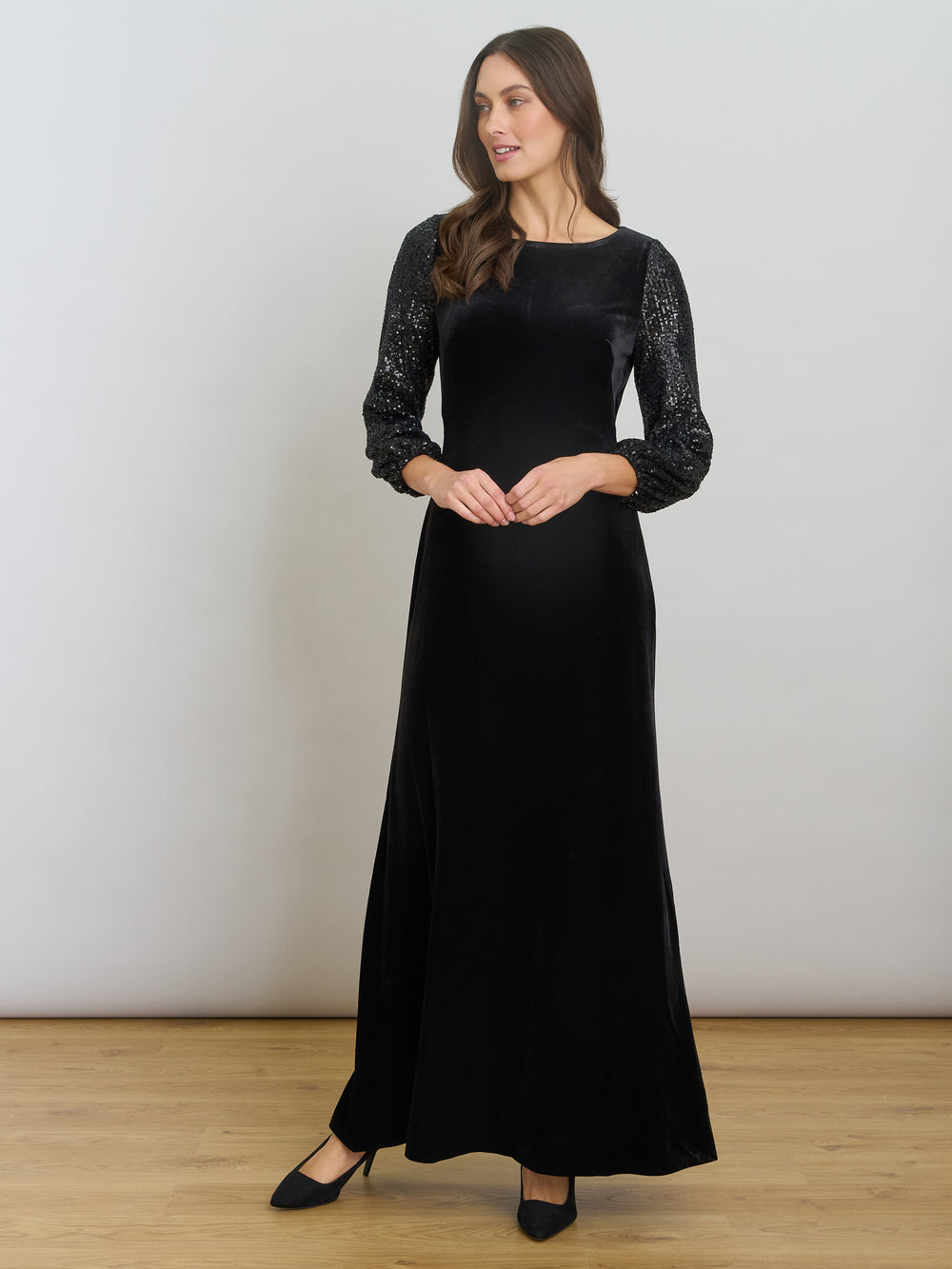 Pauline Velvet Maxi Dress With Sequin Sleeves