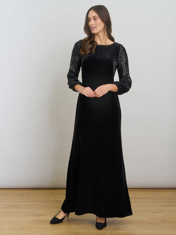 Pauline Velvet Maxi Dress With Sequin Sleeves