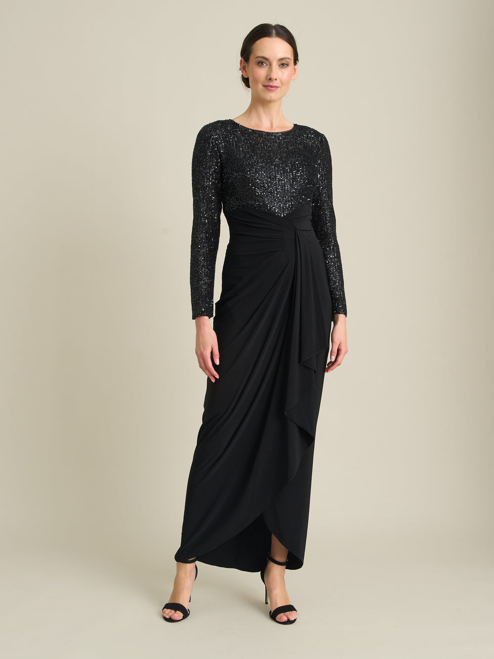 Steffi Sequin Ruched Draped Maxi Dress