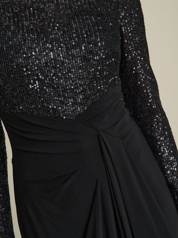 Steffi Sequin Ruched Draped Maxi Dress