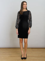 Sky Velvet Dress With Sheer Embroidered Sleeves