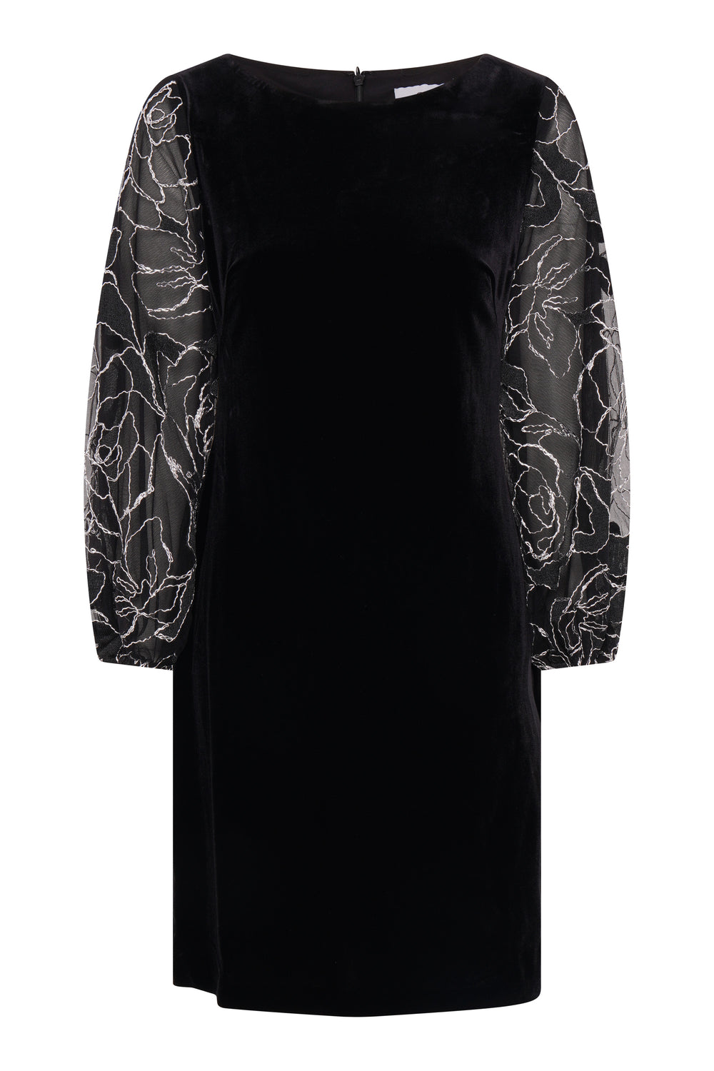 Sky Velvet Dress With Sheer Embroidered Sleeves