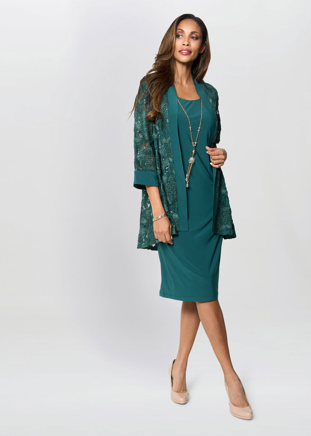 Charlee Embroidered Lace Dress And Jacket With Detachable Necklace