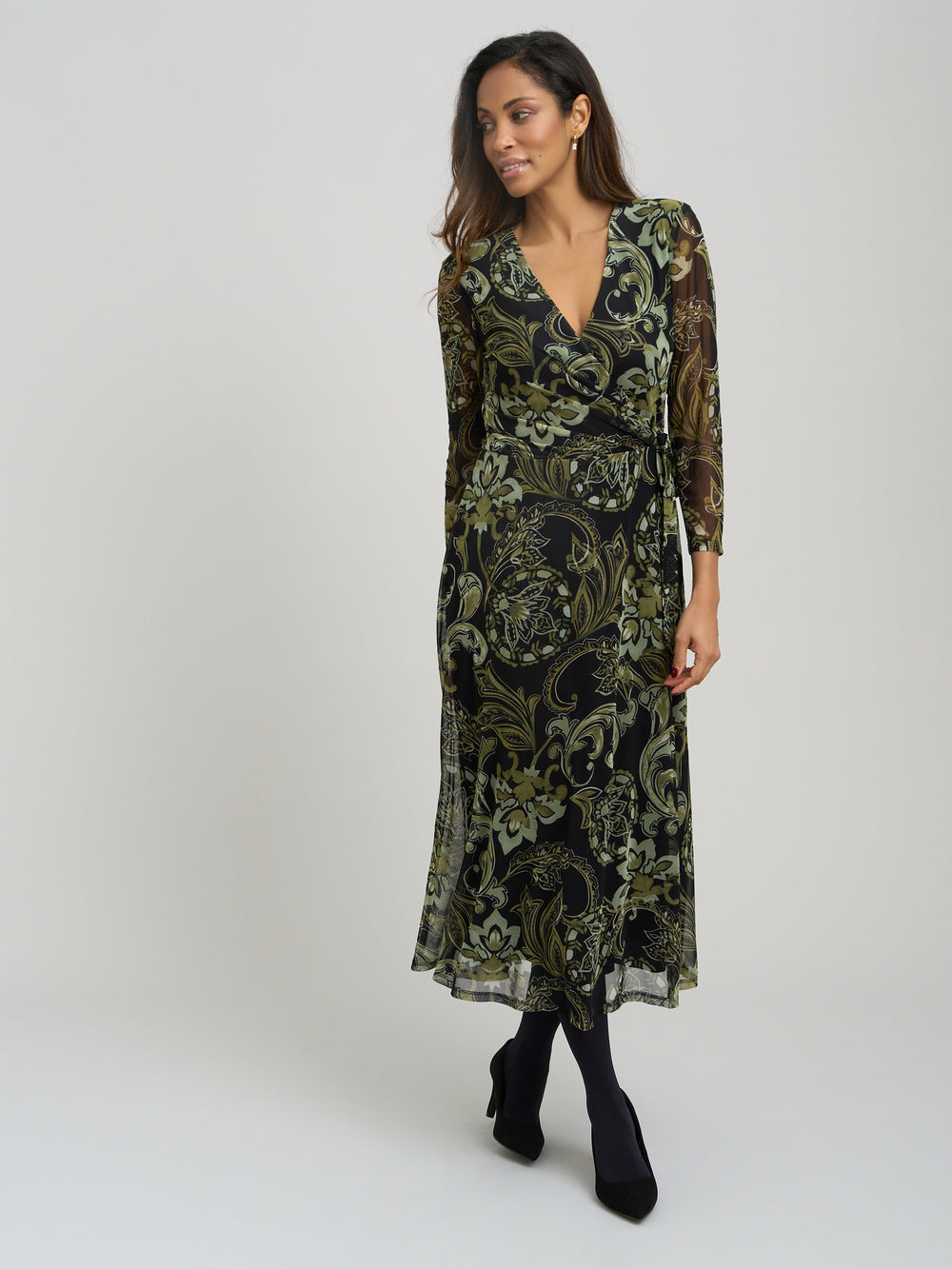 Chestina Print Mesh Wrap Midi Dress