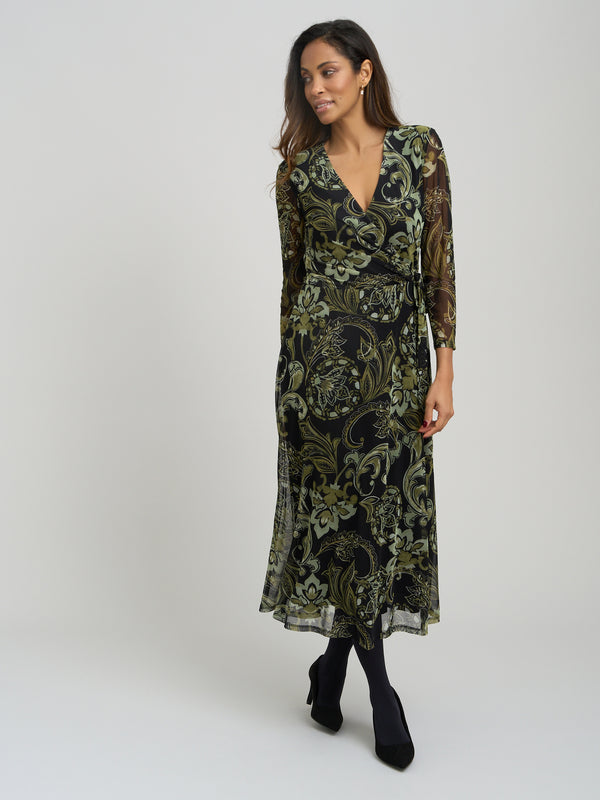 Chestina Print Mesh Wrap Midi Dress