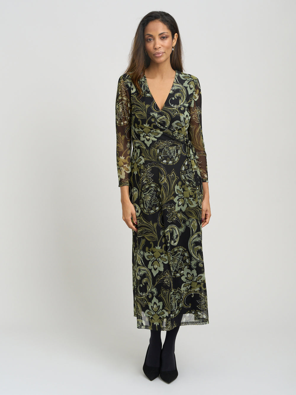Chestina Print Mesh Wrap Midi Dress