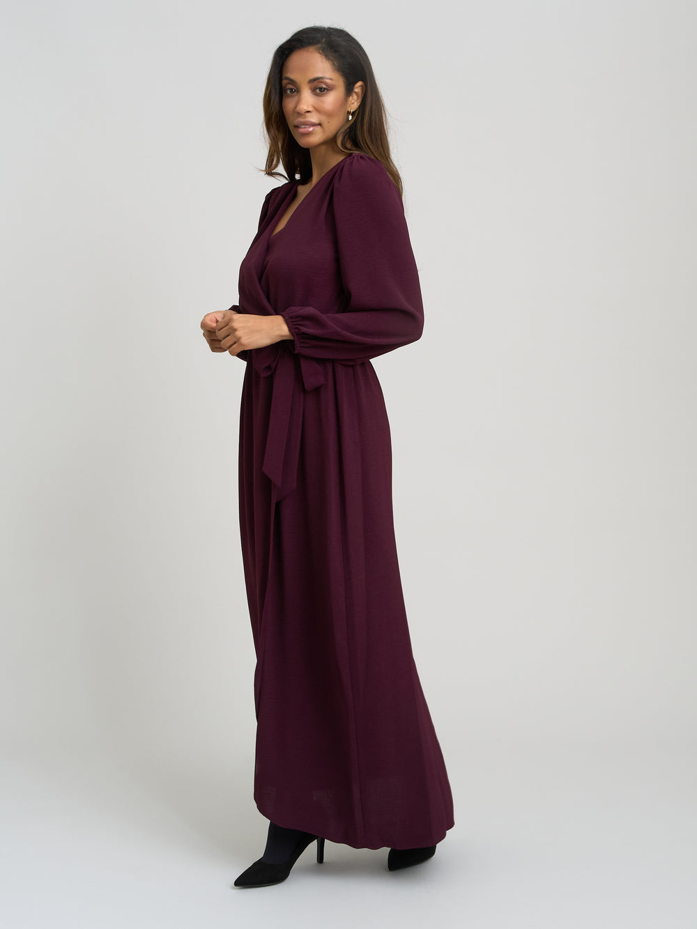 Gena Bow Wrap Long Sleeve Maxi Dress