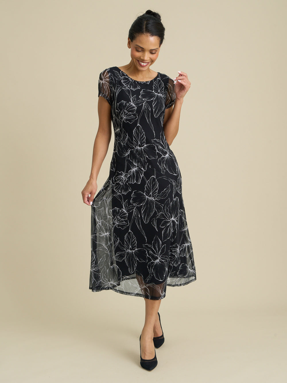 Rori Floral Print Mesh Midi Dress