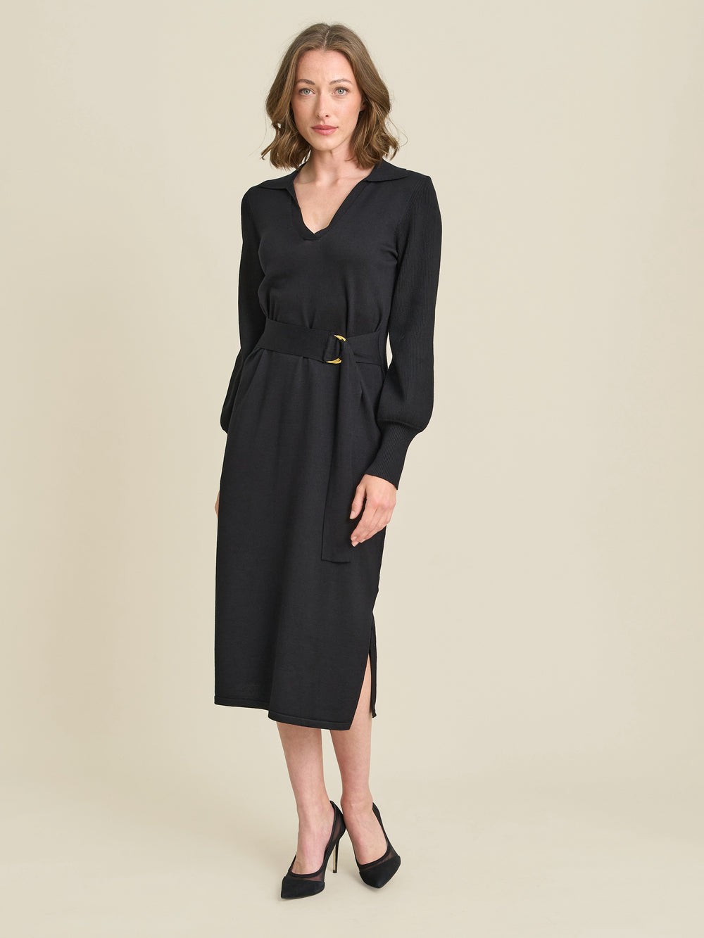 Tia Midi Dress With Belt & Long Sleeves