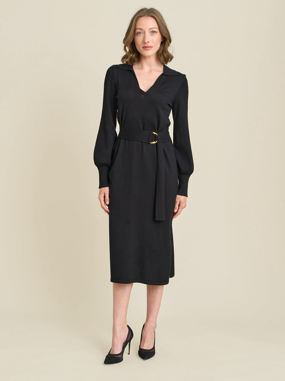 Tia Midi Dress With Belt & Long Sleeves