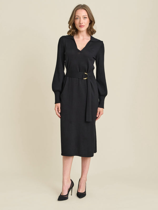 Tia Midi Dress With Belt & Long Sleeves