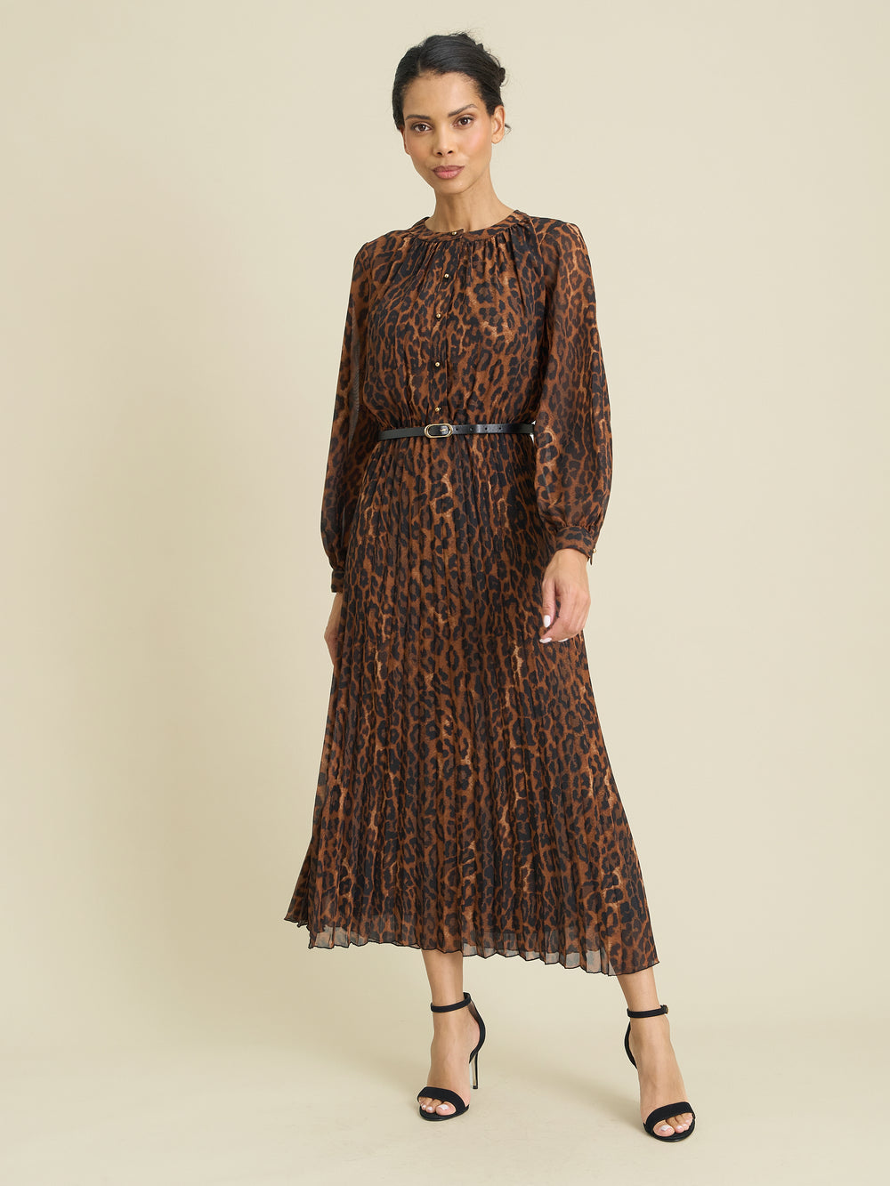 Yasmina Chiffon Belted Jewel Neck Animal Dress