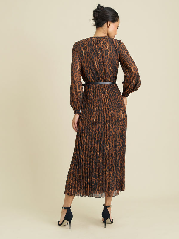 Yasmina Chiffon Belted Jewel Neck Animal Dress