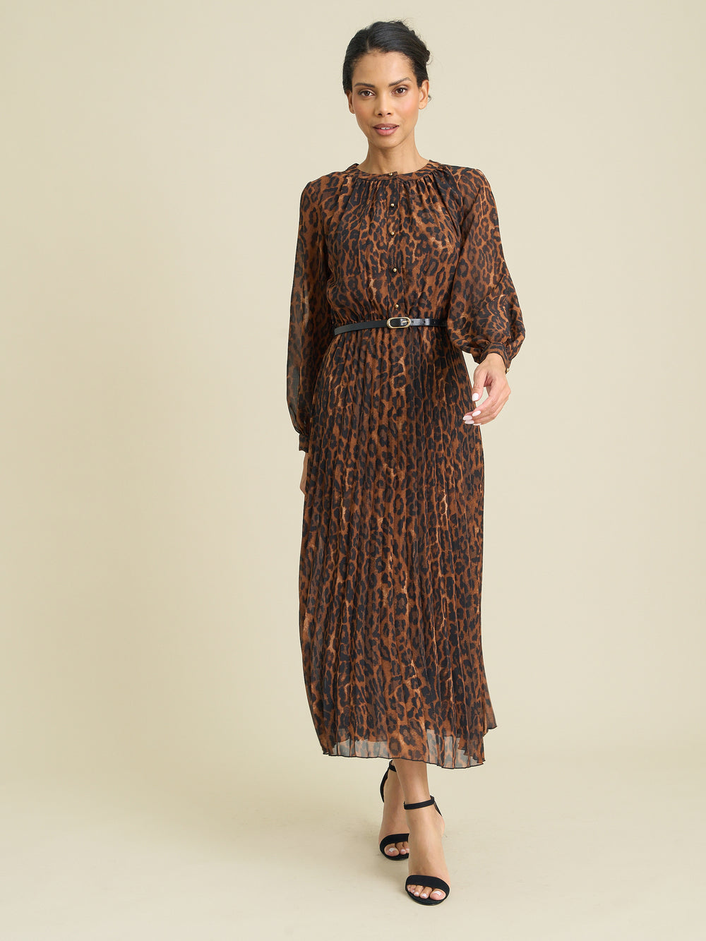 Yasmina Chiffon Belted Jewel Neck Animal Dress