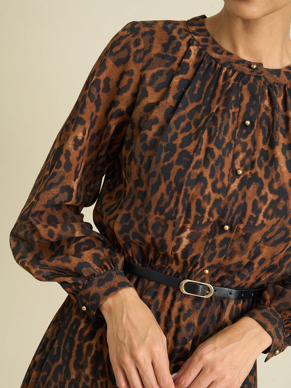 Yasmina Chiffon Belted Jewel Neck Animal Dress