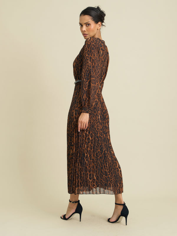 Yasmina Chiffon Belted Jewel Neck Animal Dress