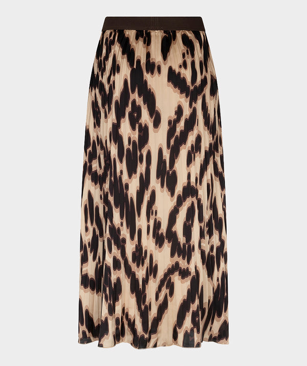 A pleated midi skirt with an abstract leopard print pattern in beige, brown, and black, featuring a solid dark brown waistband, shown against a light gray background.